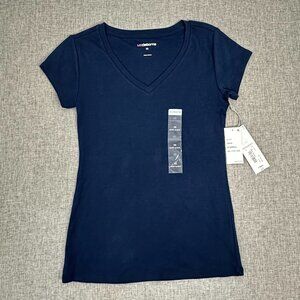 Liz Claiborne‎ Womens Basic Navy Blue Top XS Cotton V-Neck Short Sleeve